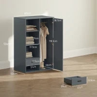 Armadio Moderno con 2 Cassetti, Ripiani Aperti e Vano Appendiabiti, 80x50x124 cm, Grigio Scuro