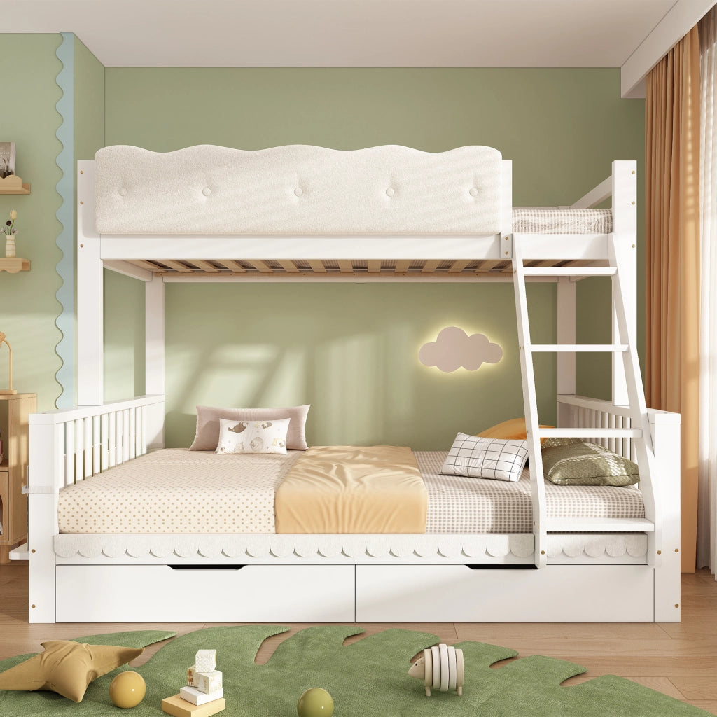 Letto a castello familiare 90x200/140x200 cm in legno, bianco, con cassetti e portagiornali