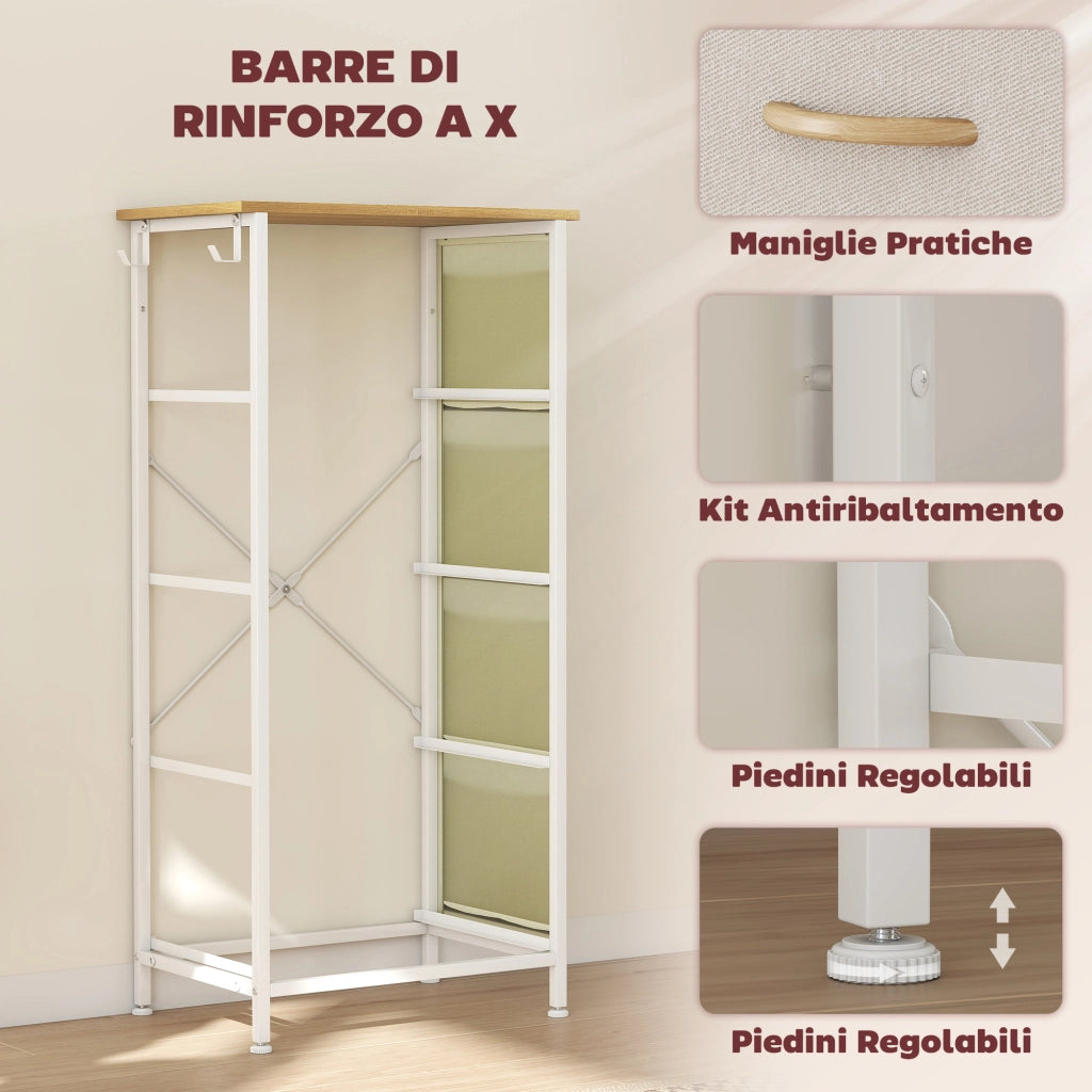 Cassettiera 4 Cassetti Pieghevoli 45x30x94,5 cm Struttura in Acciaio e Tessuto Beige