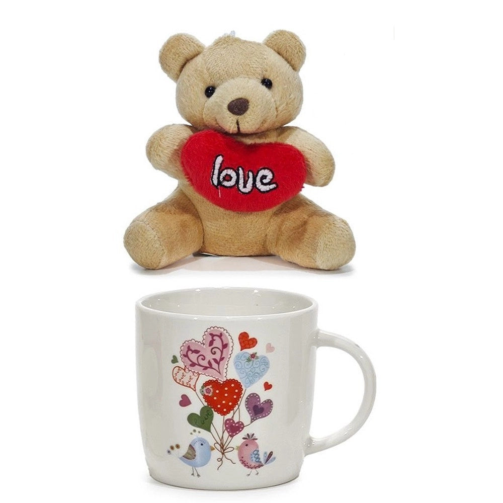 Trade Shop - Set Tazza 30cl In Ceramica Con Orsacchiotto Di Peluche Cuore Rosso Regalo San Valentino -