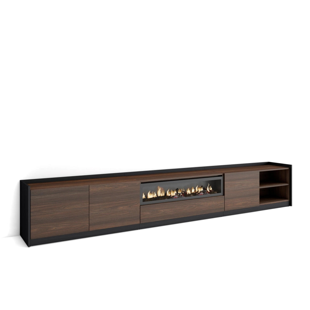 Mobile TV Soggiorno, 310x50x37 cm, Per TV fino a 80", Camino elettrico, Rovere scuro e Nero