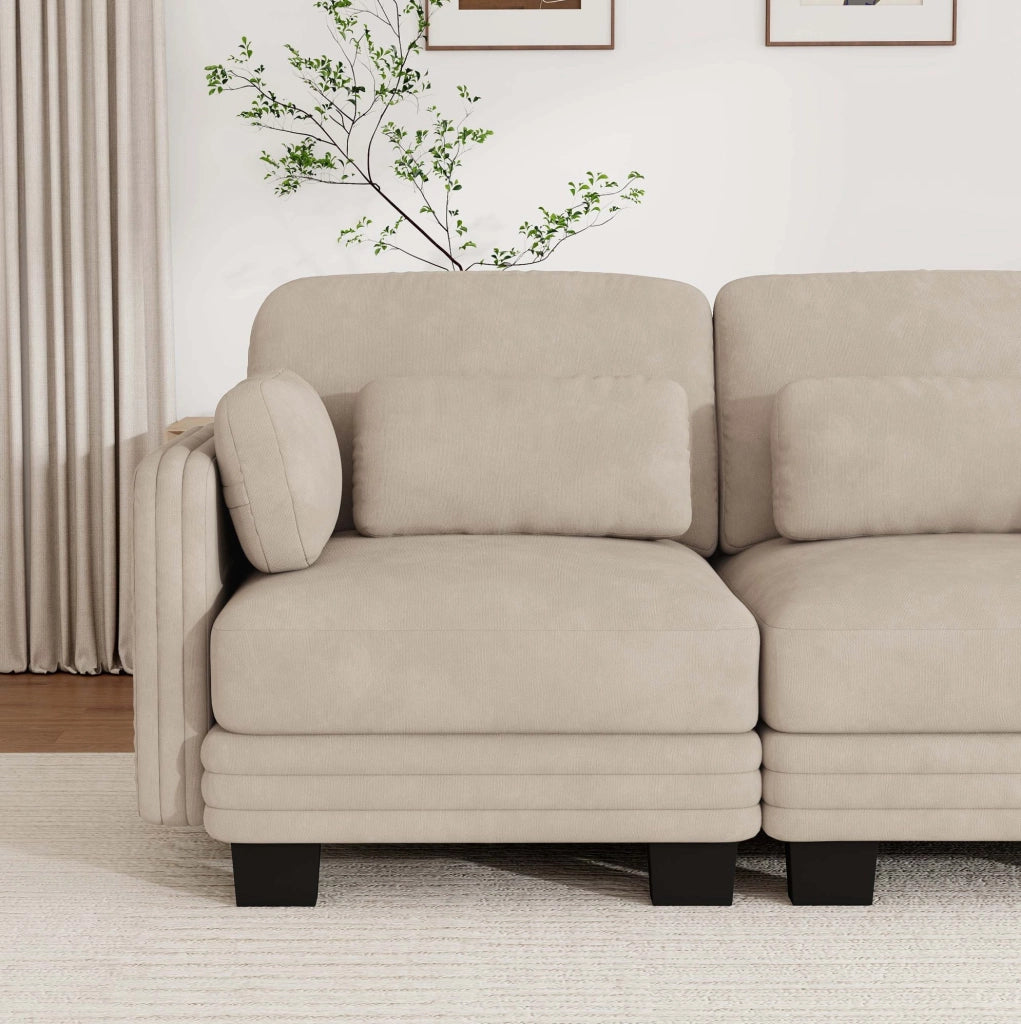 Divano modulare lineare 4 posti 330 cm in ciniglia color caffè chiaro con cuscini mobili