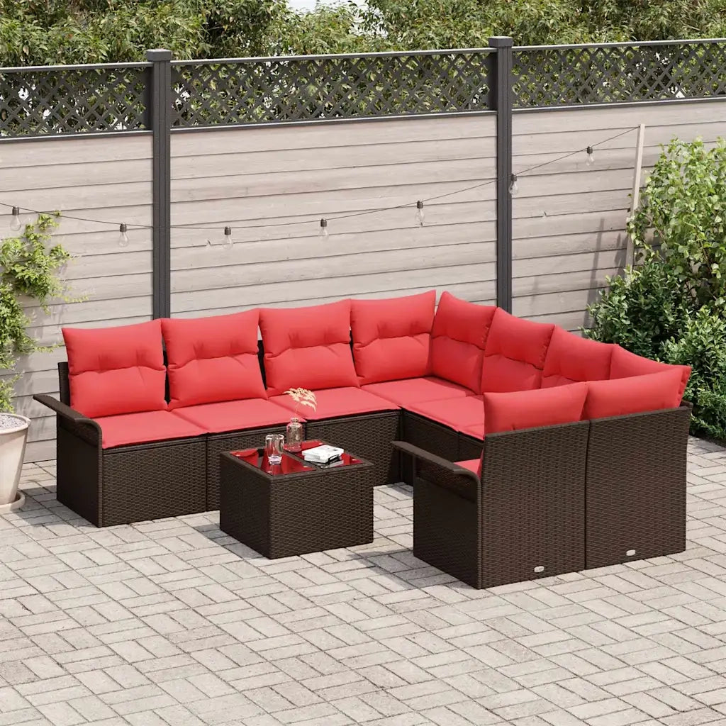 Set Divano da Giardino 9 pcs Marrone e Rosso polyrattan