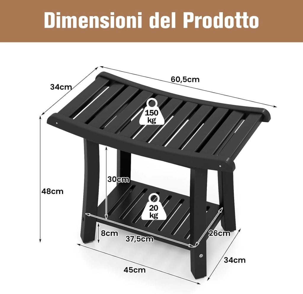 Sgabello da Doccia, Sgabello da Bagno Impermeabile con Sedile Curvo, con Portasciugamani e Piedini Antiscivoli, Panca Versatile con Ripiano, 60,5 x 34 x 48 cm (Nero)