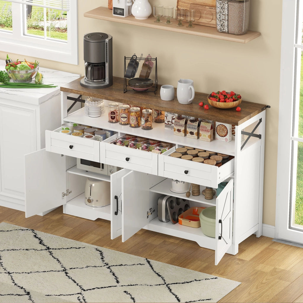 Credenza 140x35x95 cm Bianca e Marrone con 3 Cassetti; 2 Armadietti e Vano Aperto; Stile Country