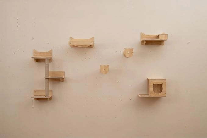 Mobili da Parete per Gatti a 6 Pezzi, Mensole a Muro con Amaca, Ciotola per Cibo e Acqua, Albero a 3 Livelli, Piattaforme, Scalini, Tiragraffi e Giocattolo, Parco Giochi da Interno (Modello 2)
