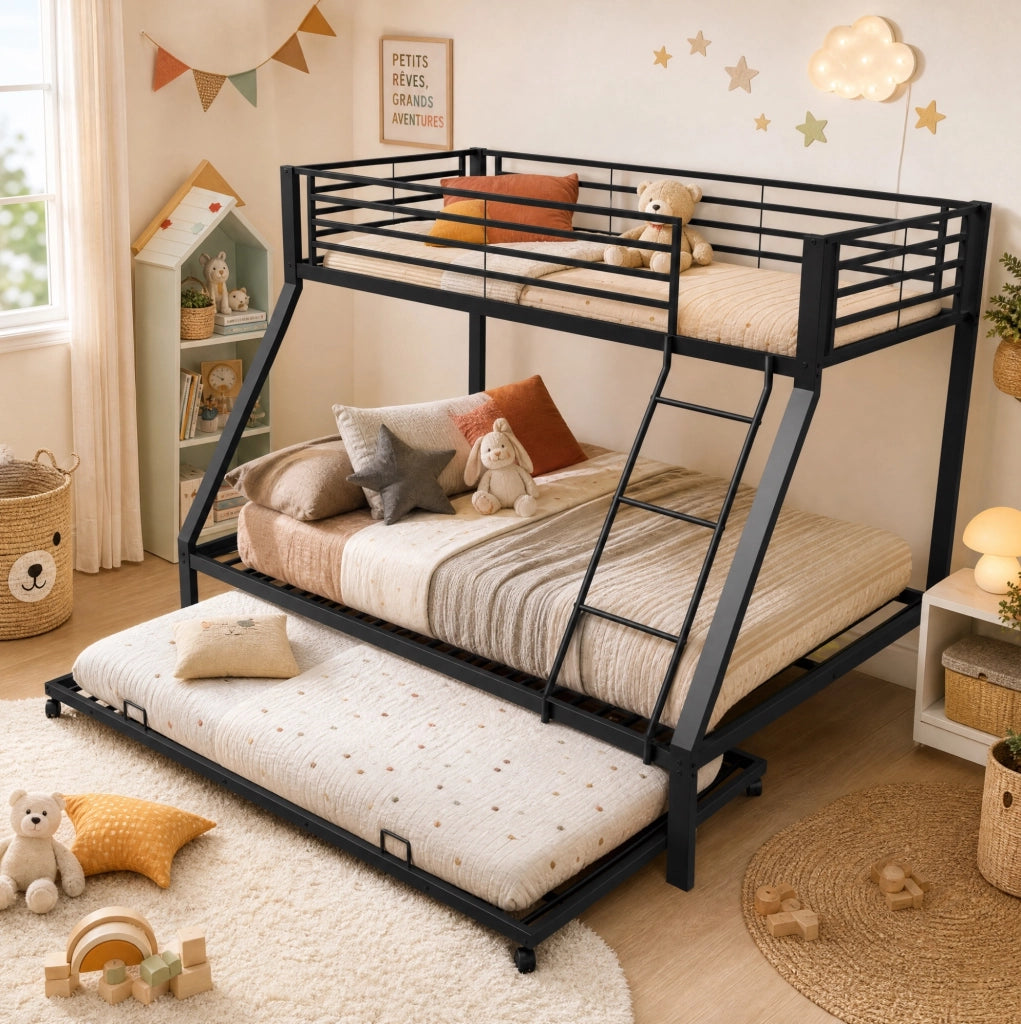 Letto a castello in metallo 90x200 e 140x200 cm con letto estraibile 90x190 cm; nero