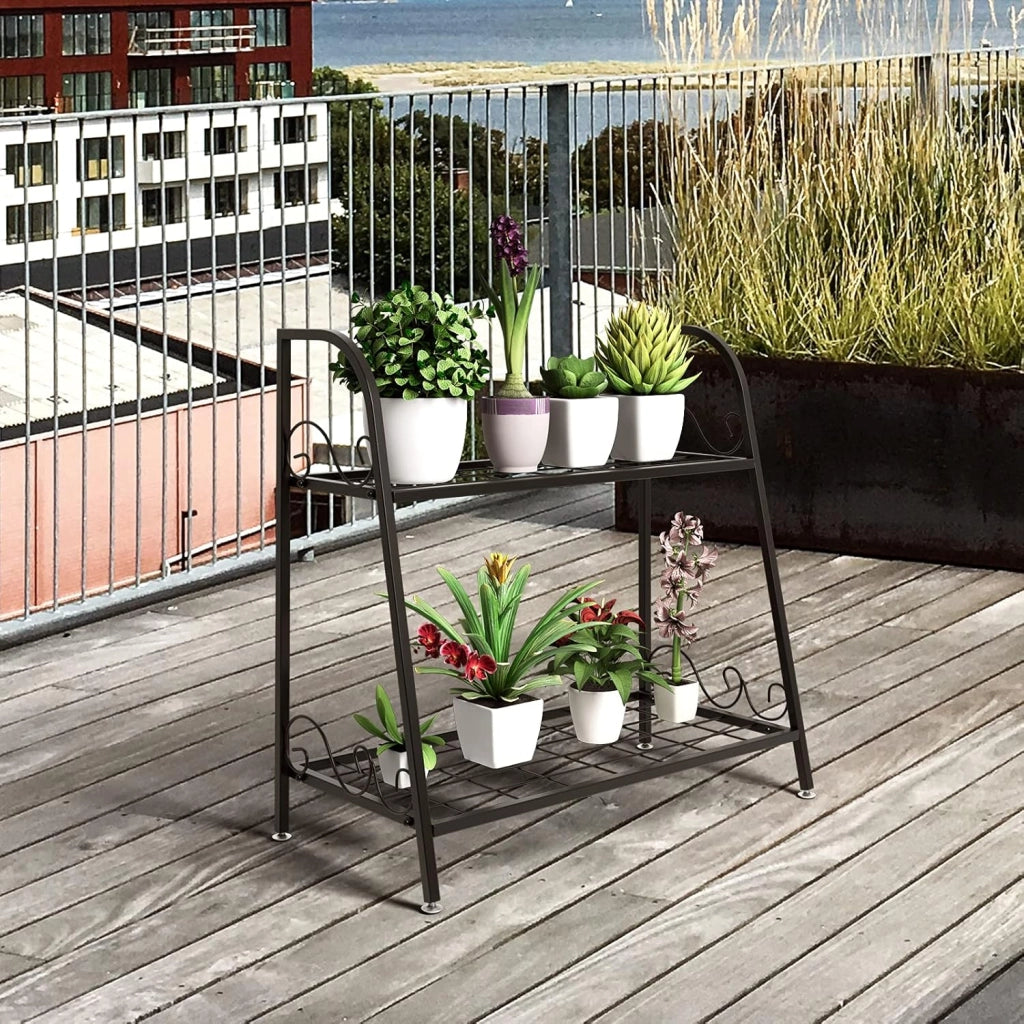 Scaffale Portafiori a 2 Ripiani, Porta Piante da Esterno e Interno a Scala, Scaffale Porta Vasi di Metallo per Balcone, Soggiorno e Giardino, 63 x 30,5 x 61,5 cm