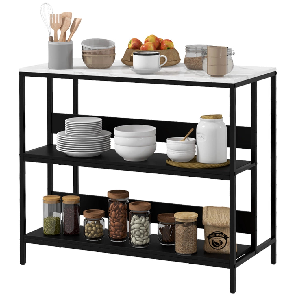 Isola da Cucina con Mensole, Piano Effetto Marmo 100x50x90 cm Struttura in Metallo Nero e Bianco