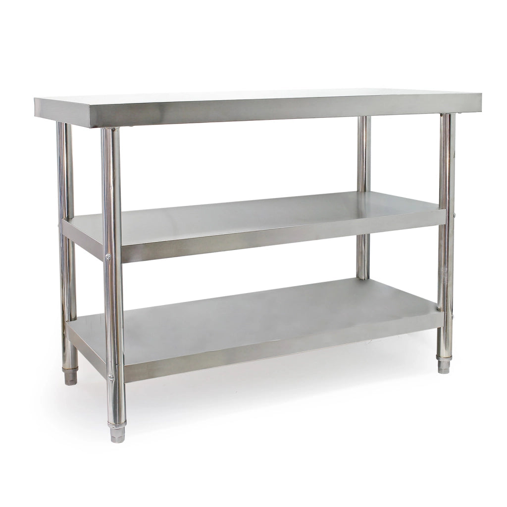 Tavolo da lavoro in acciaio inox 120 x 60 x 85 cm con 2 ripiani inferiori e piedi regolabili