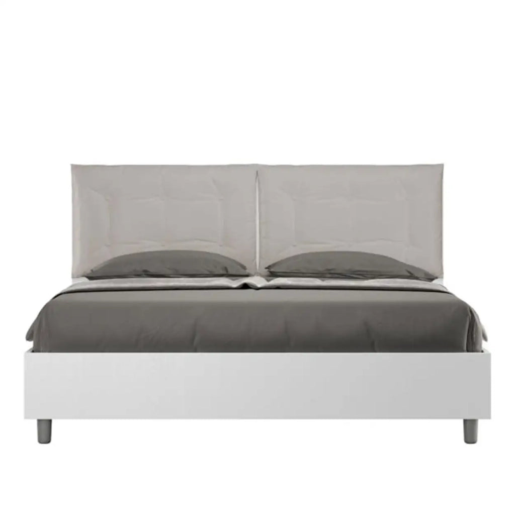 Letto matrimoniale contenitore 160x200 bianco frassino cuscini similpelle tortora Egos Annalisa