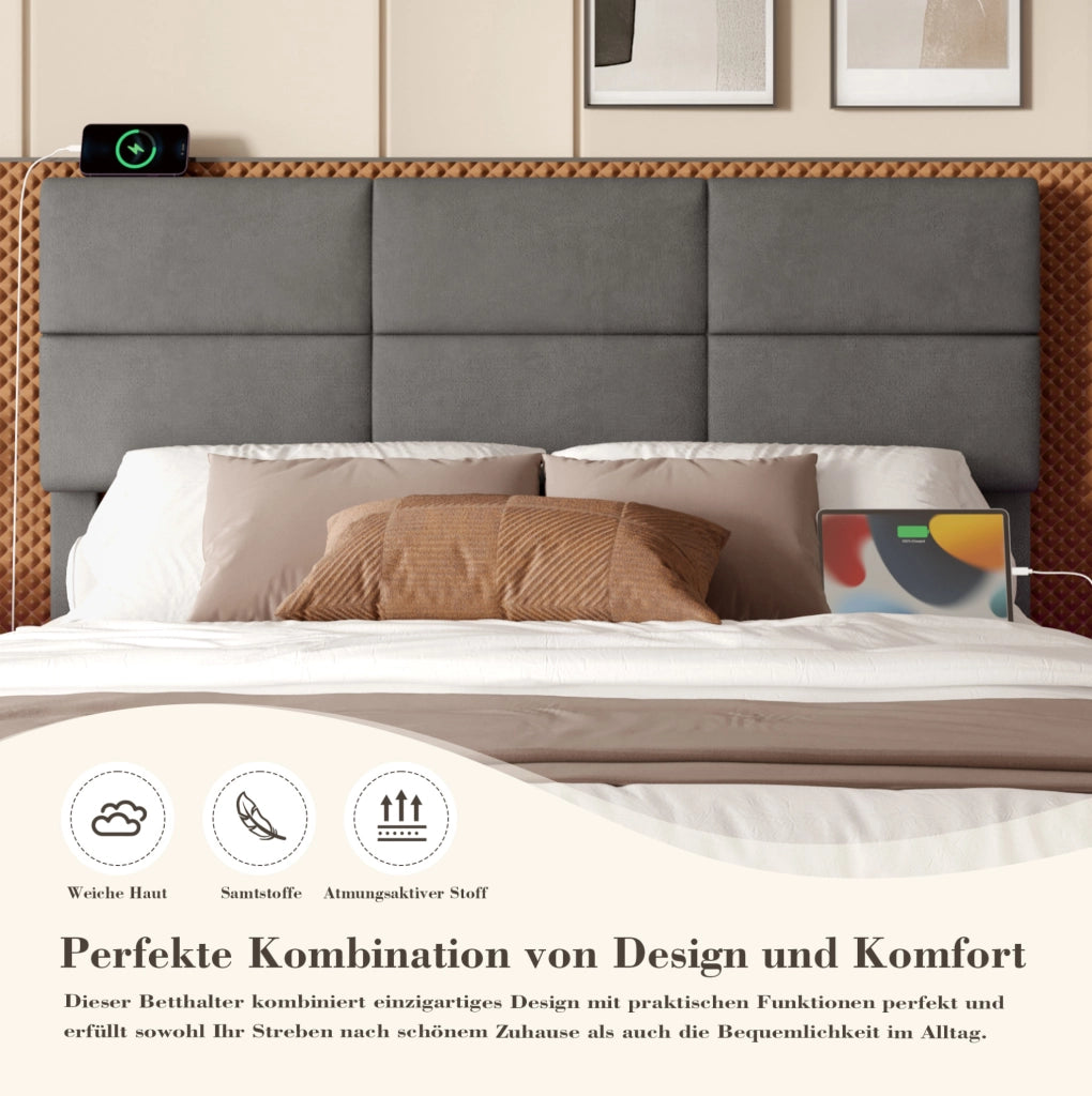 LETTO imbottito 140x200 cm in velluto grigio scuro con USB, LED e sollevamento idraulico