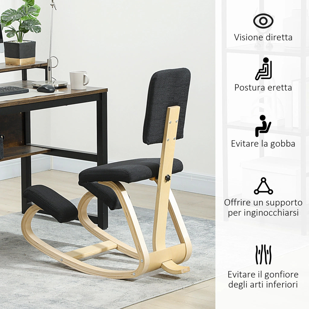 Sedia Ergonomica Inginocchiatoio con Schienale 51x84x93 cm in Legno di Betulla e Cuscini Nero