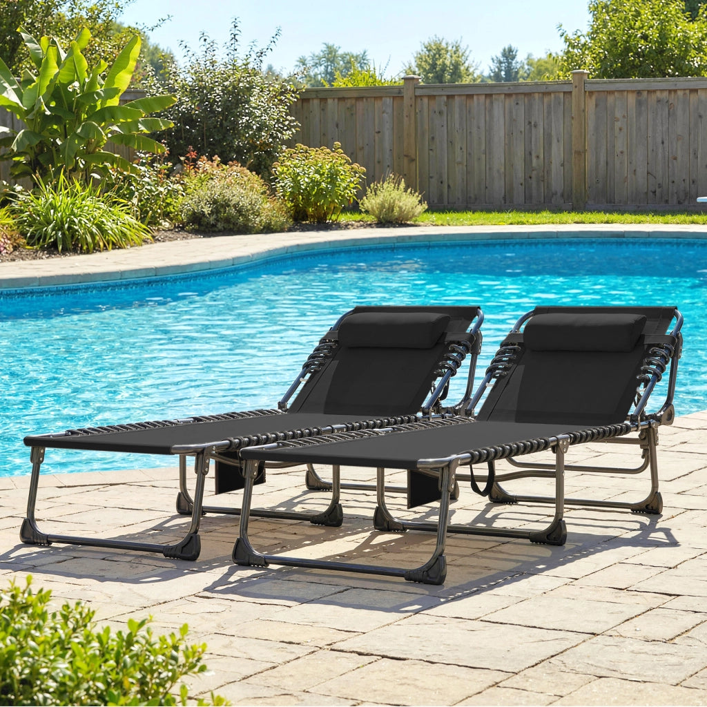 Set 2 Lettini Prendisole da Giardino 57x200x38 cm Pieghevoli e Reclinabili su 5 Livelli con Cuscini in Texteline Nero