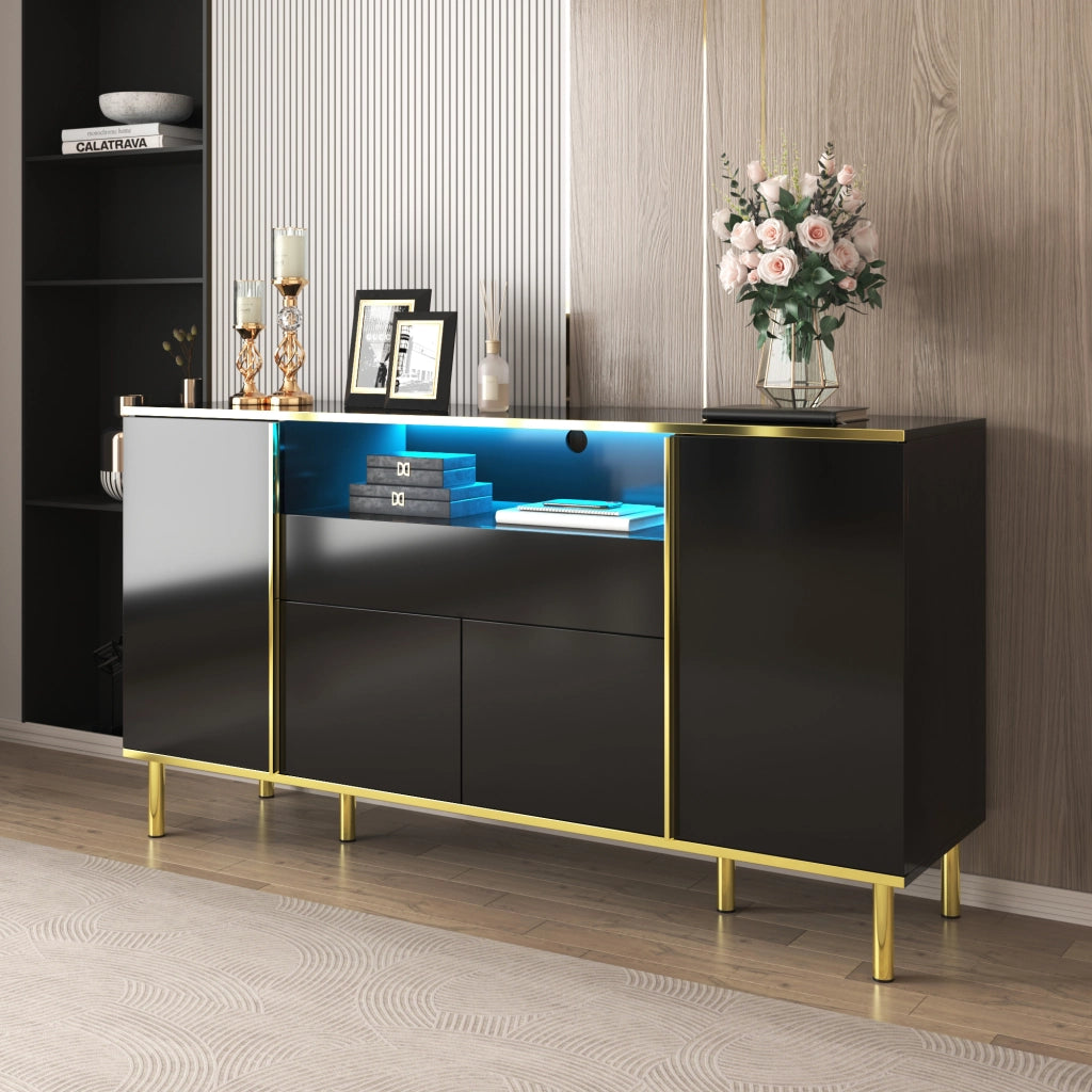 Credenza con 4 Ante; 1 Cassetto e LED; Nero Lucido con Dettagli Dorati; in MDF; 150??40??80 cm