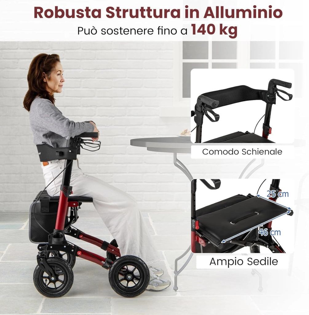 Deambulatore Pieghevole per Anziani in Alluminio, Rollator Regolabile in Altezza con Seduta, Schienale e Freni, Girello per Anziani con Borsetta, Carico Massimo 140 kg (Rosso)