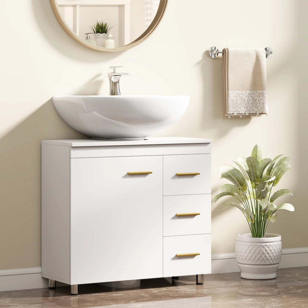 Mobile Sottolavabo con Intaglio a U, Armadietto e 3 Cassetti, Chiusura Ammortizzata, 70x30x65 cm, Bianco