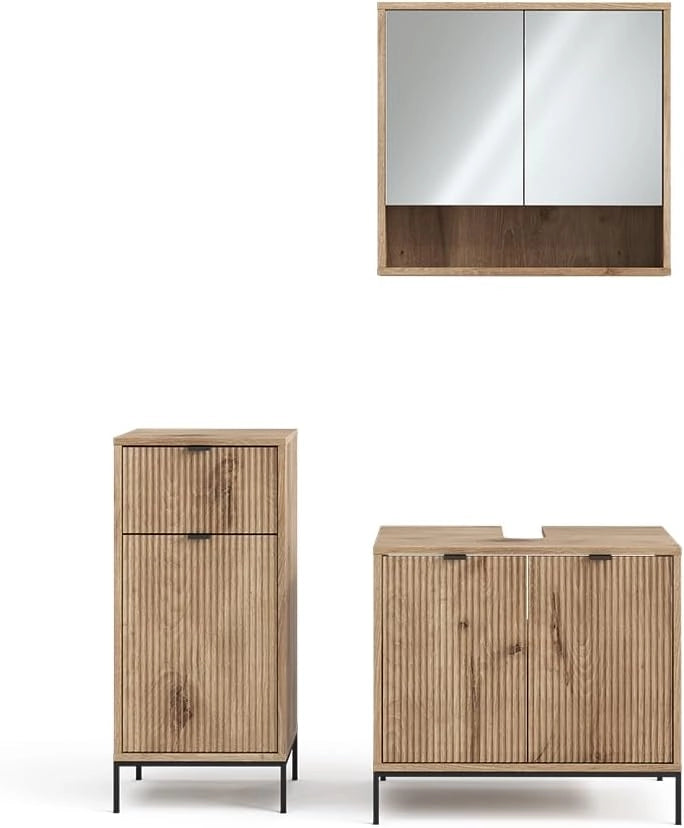 Set di mobili da bagno Eliza, Quercia vichinga, 70 cm, composto da mobile sottolavabo, specchiera e mobile medio