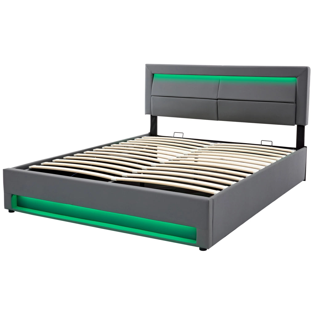 Letto imbottito 160x200 cm in PU grigio con USB; LED; contenitore e rete a doghe
