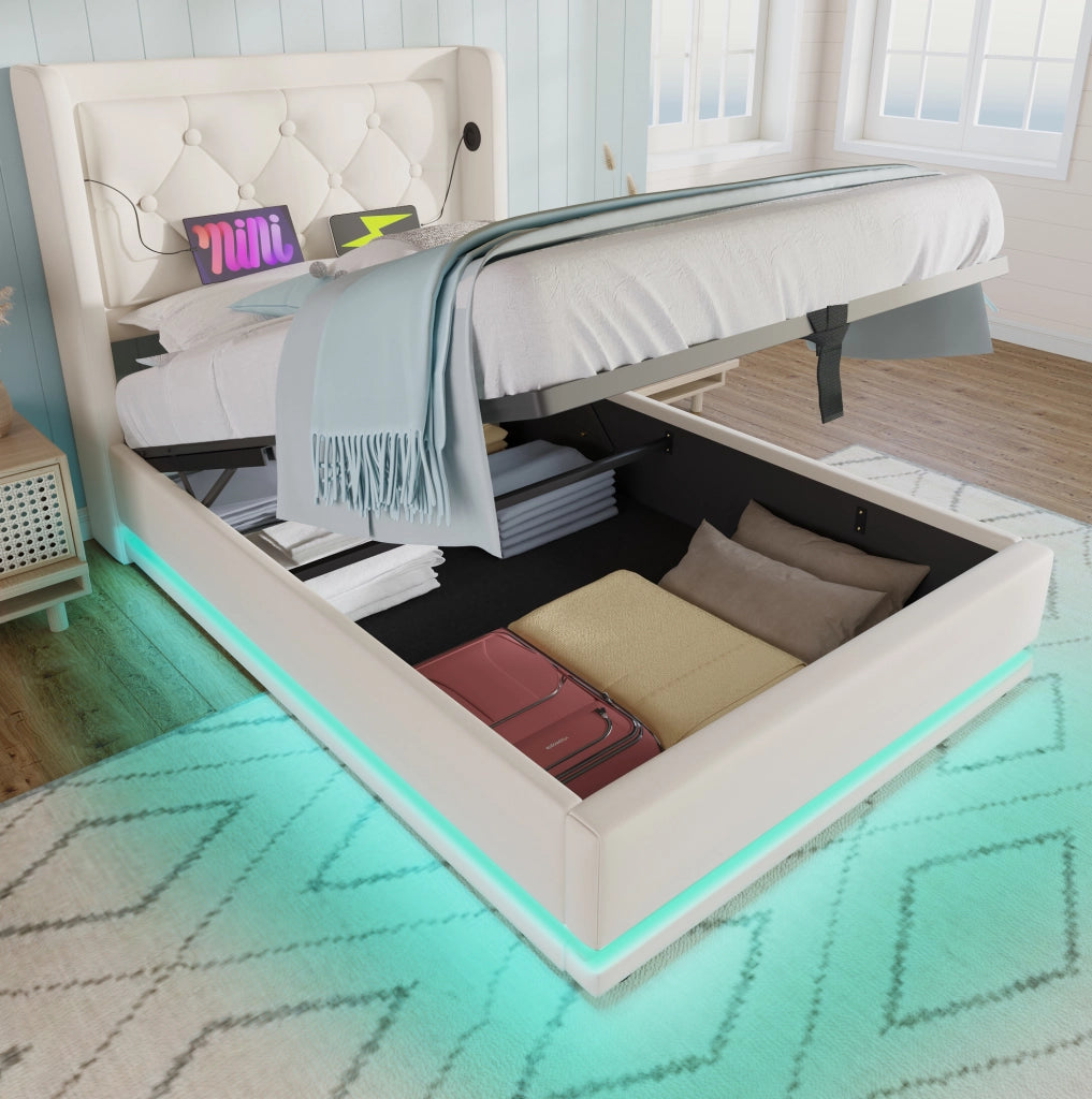 Letto singolo imbottito 90x200 cm con contenitore, LED a 3 lati e porte USB Type-C
