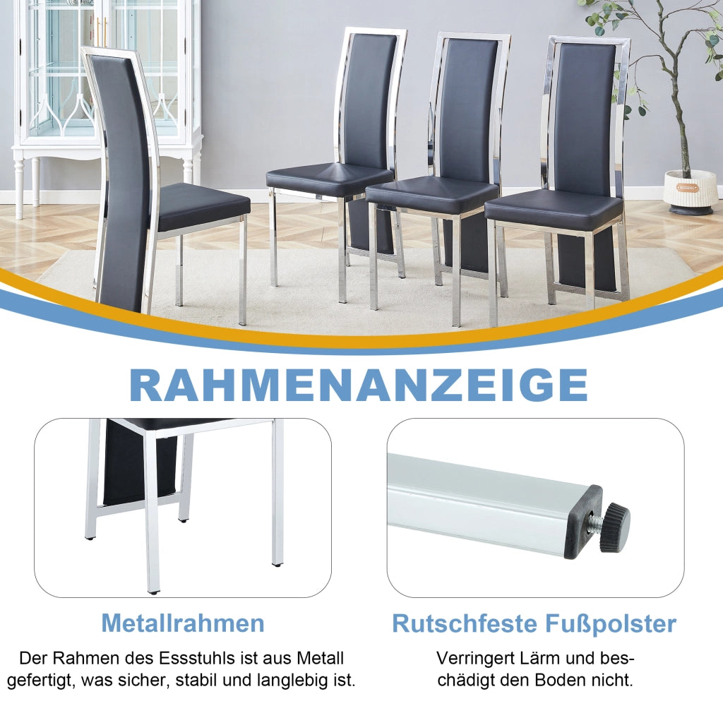 Set 4 sedie da pranzo moderne in PU nero con struttura in metallo argentato; 109 cm