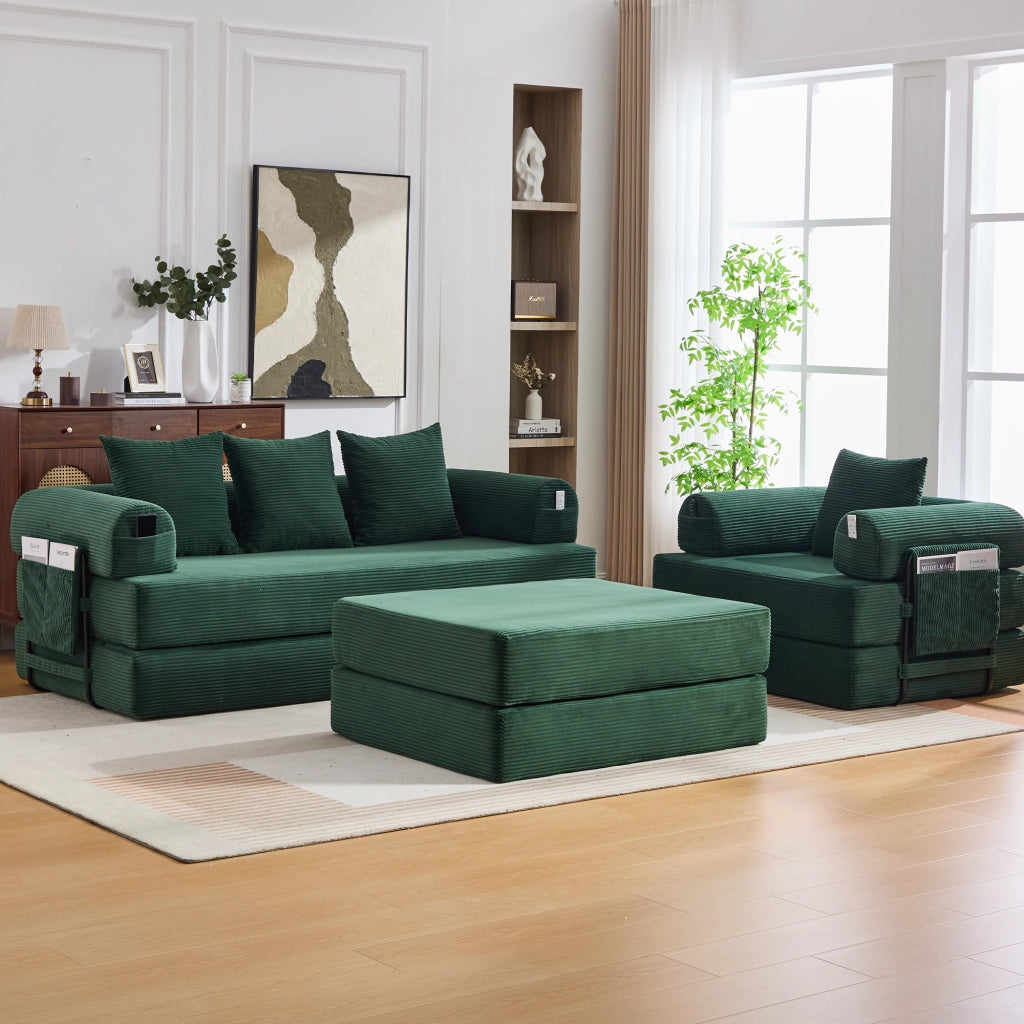 Divano modulare 4 posti con pouf e tasca laterale in velluto a coste verde smeraldo