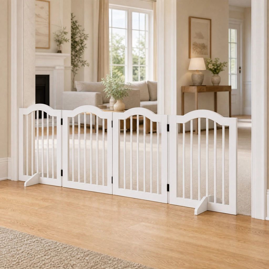 Cancelletto per cani pieghevole in legno e MDF bianco