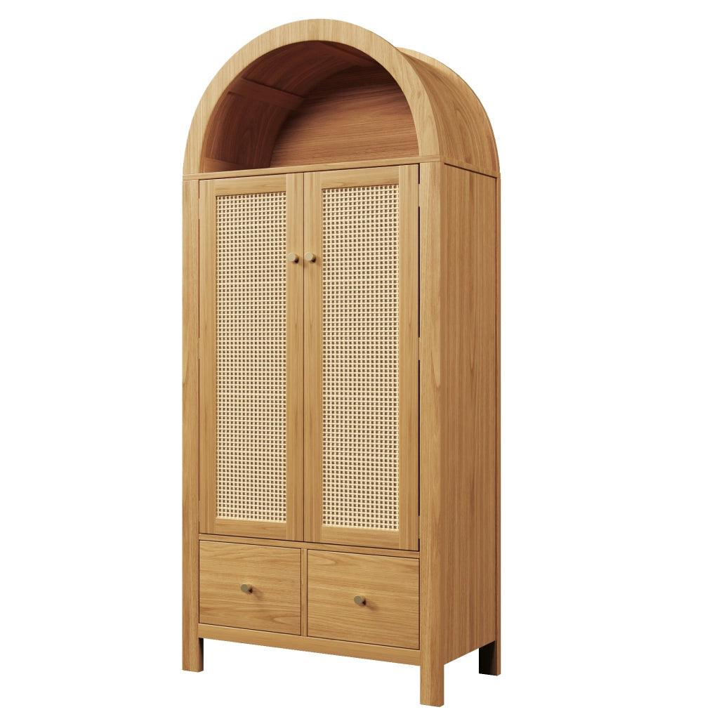 Armadio a 2 ante in effetto rovere con rattan, 181x78x45 cm, 2 cassetti e asta appendiabiti