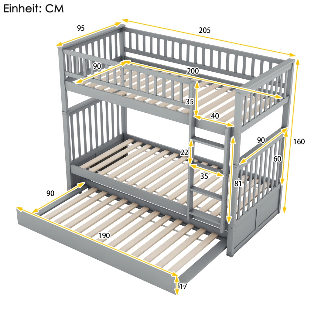 OKWISH Letto a Castello 90×200 cm, Letto 3 Posti con Letto Estraibile, Scala e Sponde Alte, senza Materasso, in Pino, Grigio