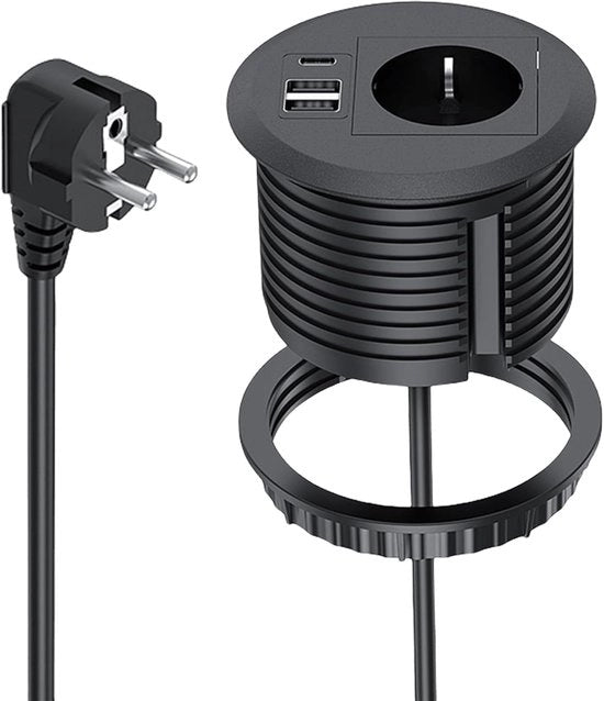 Contatto di immissione con USB - Scatola di presa per tavolo - Organizzazione di ufficio - Con USB C PD20W - 80 mm foro - Nero