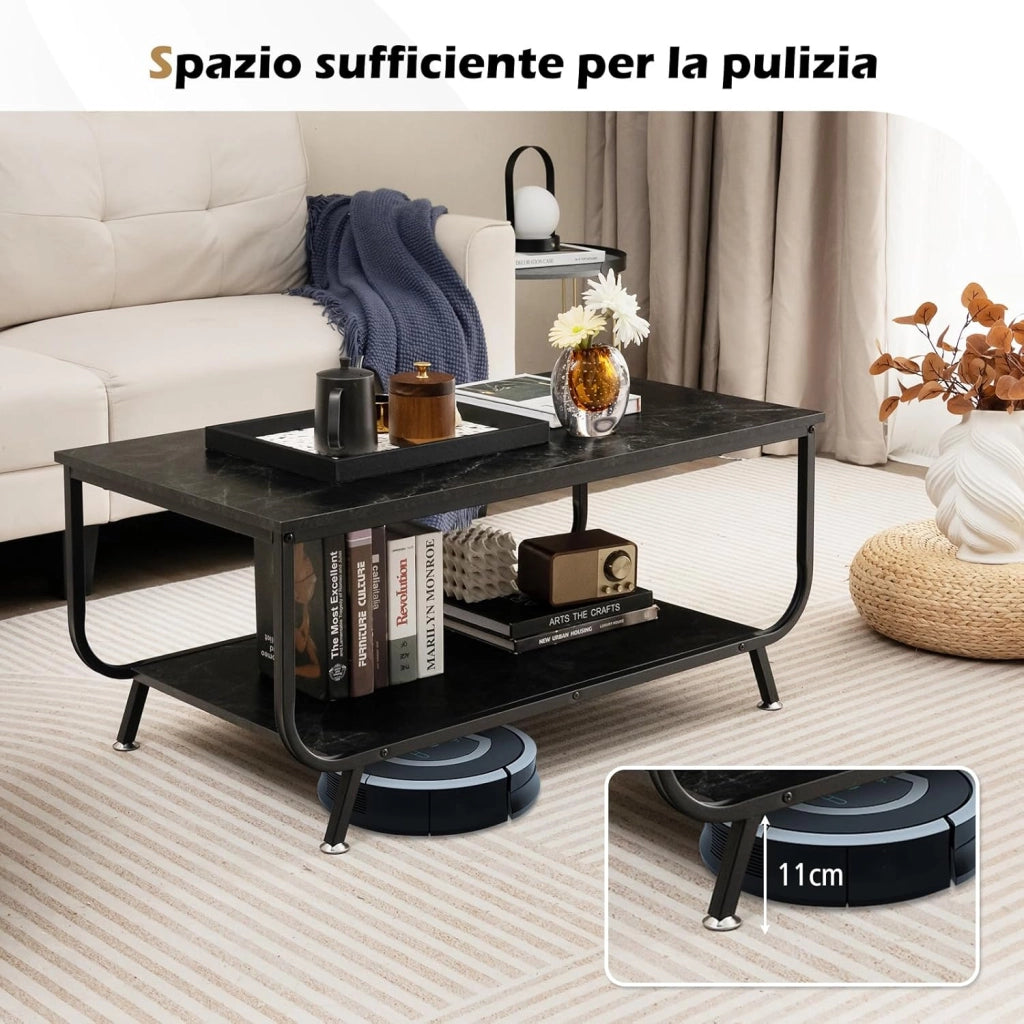 Tavolino da Caffè da Divano, Tavolino Rettangolare con Piano in Marmo Sintetico a 2 Livelli e Struttura in Metallo, Ripiano di Stoccaggio, Tavolino per Salotto, Ufficio e Studio (Nero)