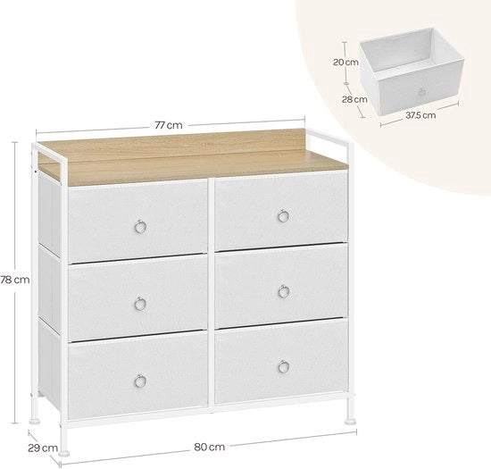 Cassettiere - Dresser - Cassettiere con 6 Cassetti in Tessuto - Solida e Stilizzata - Cassettiera Industriale - Metallo e Legno - Per Salotto - Camera da Letto - Hall - 80x29x78cm - Bianco
