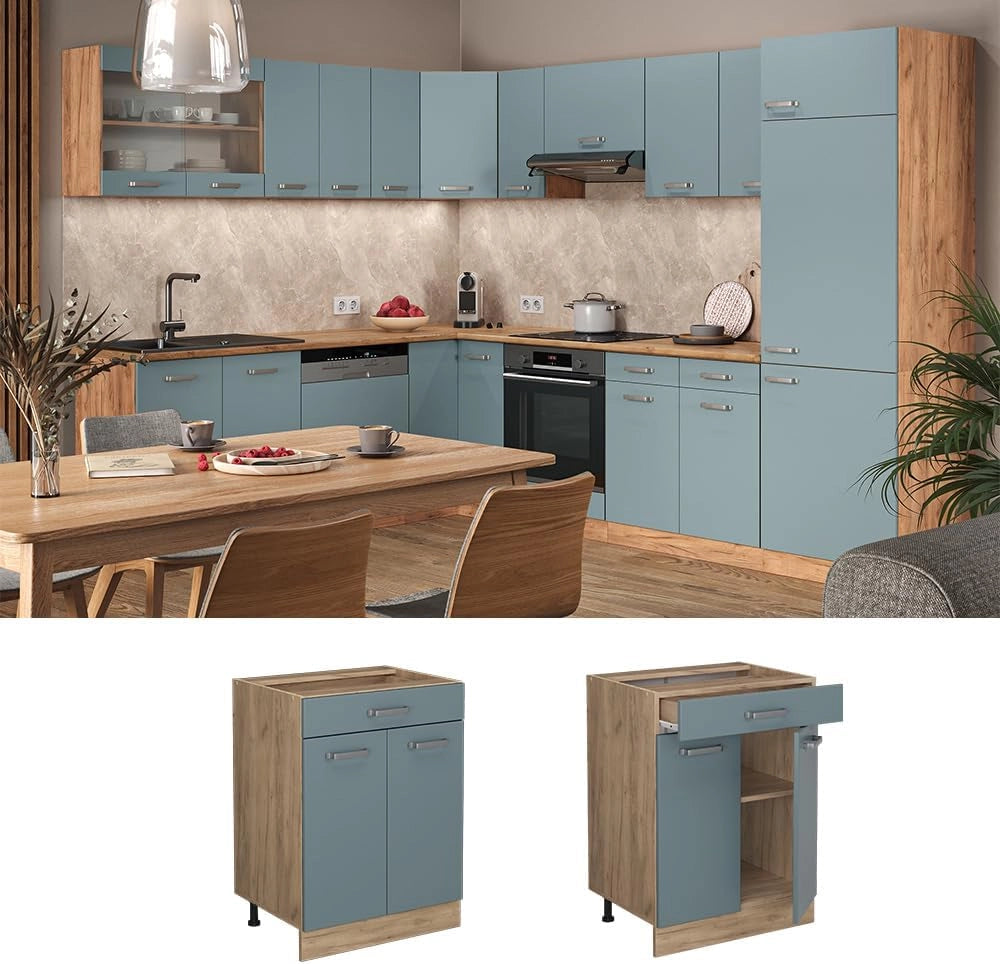 Mobiletto base per cucina R-Line, Grigio-blu, 60 cm con cassetto, senza piano di lavoro, per la libera combinazione all'interno di sistemi cucina modulari