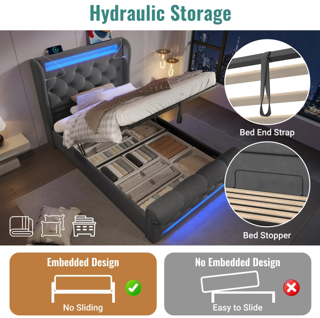 Letto imbottito con LED, ricarica USB e contenitore