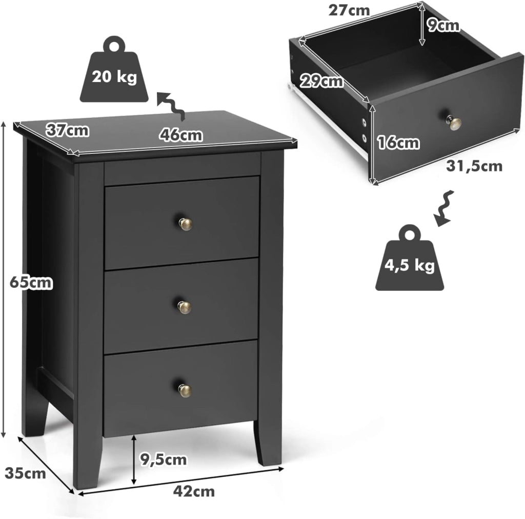 Set di 2 comodini, 3 cassetti, tavolino in legno, comodino per camera da letto, tavolino da caffè, 46 x 37 x 65 cm, colore nero