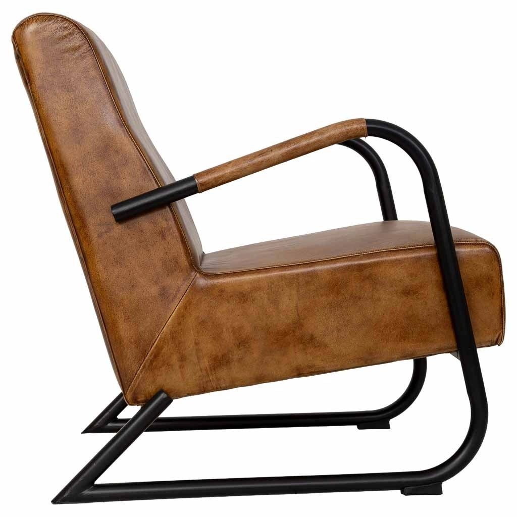 Poltrona in metallo rivestita in pelle marrone, dimensioni 61x70x84 cm