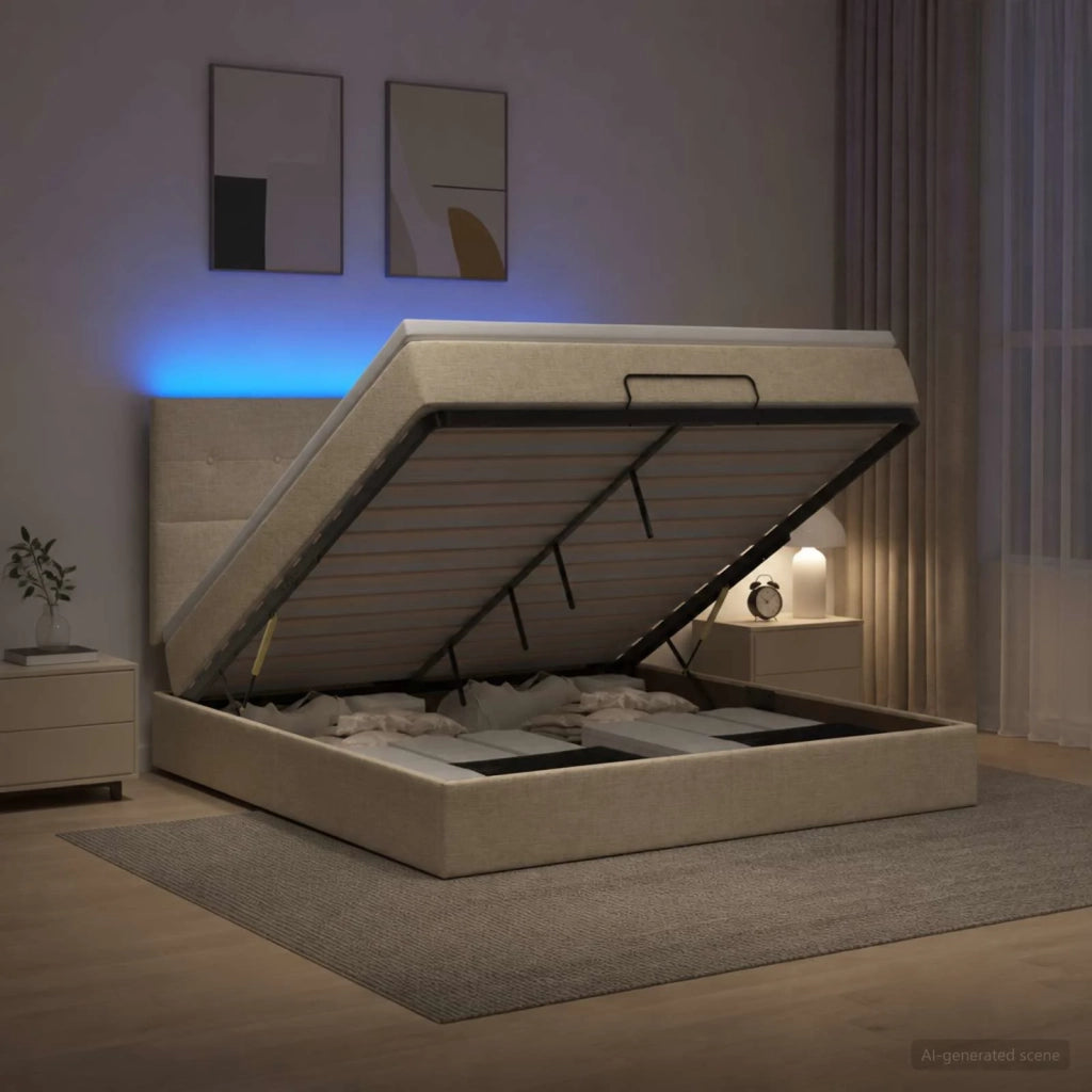 Letto Ottomano con Materasso e LED Crema 140 x 200 cm Tessuto 3458081
