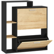 Mobile Portascarpe 80x26x 90 cm con 2 Cassetti a Ribalta e ripiani Nero e Legno Naturale