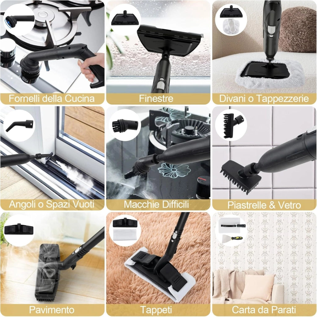 2000W Pulitore a Vapore, Vaporizzatore Portatile con Serbatoio 1,8L, er Uso Domestico con Accessori, Macchina per Pulizia su Pavimenti Finestre Tappeti (Bianco)