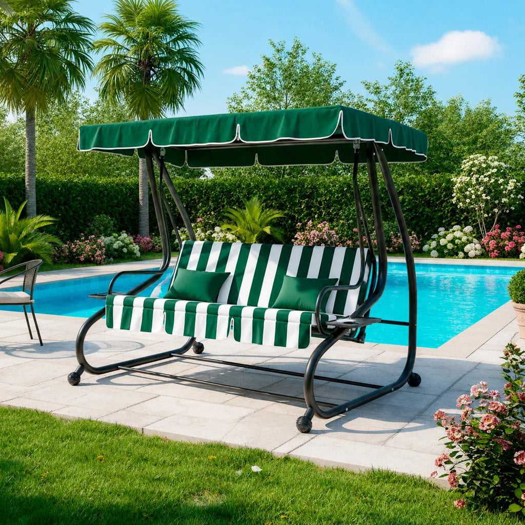 Dondolo Da Giardino 3 Posti Schienale Regolabile Tetto Ombreggiante Cuscinatura Comfort Imbottita Convertibile In Letto Per Esterno Balcone Patio 200 x 120 x 160 Cm Verde E Bianco