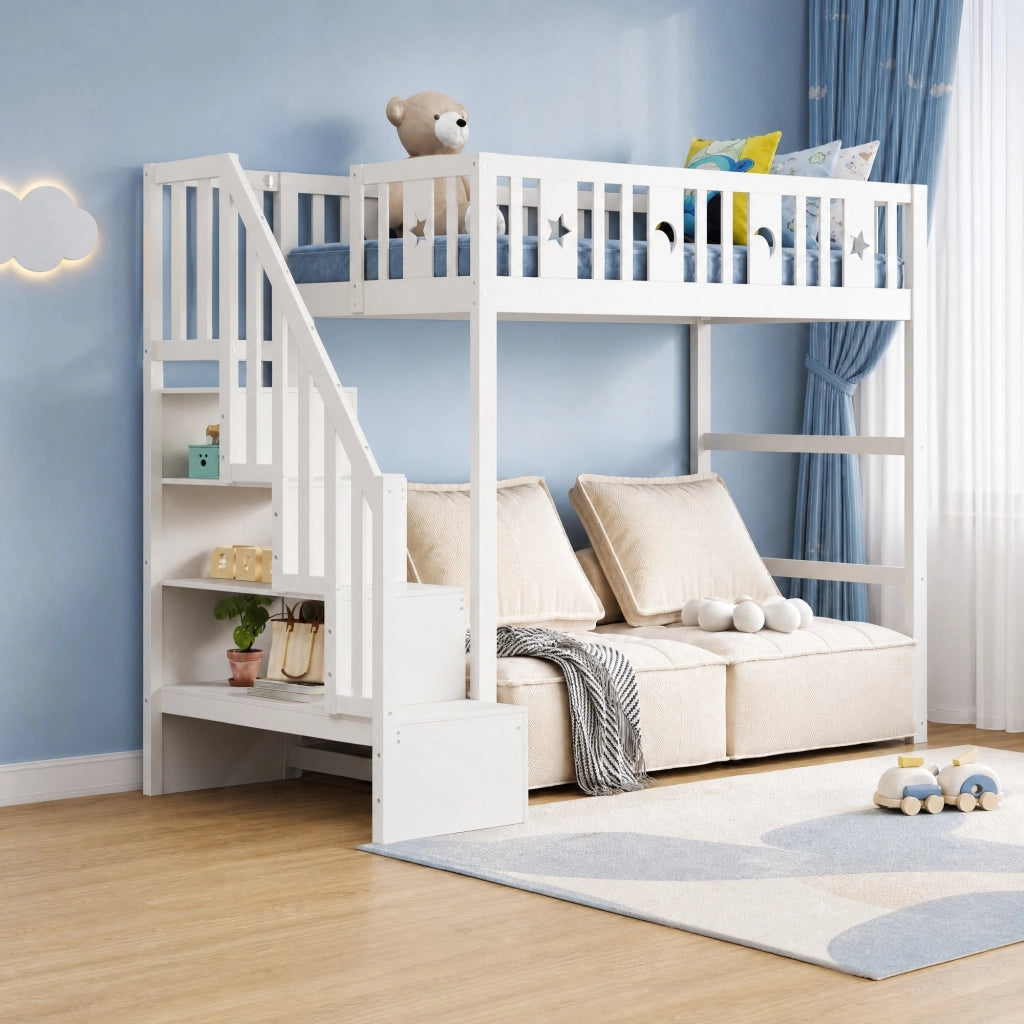 LETTO a soppalco con scala 90x200 cm in legno massello bianco