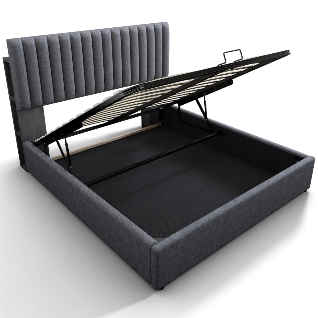 Letto imbottito ULEVR 160x200 cm con vano contenitore, LED controllabile da app, USB e Type-C, grigio