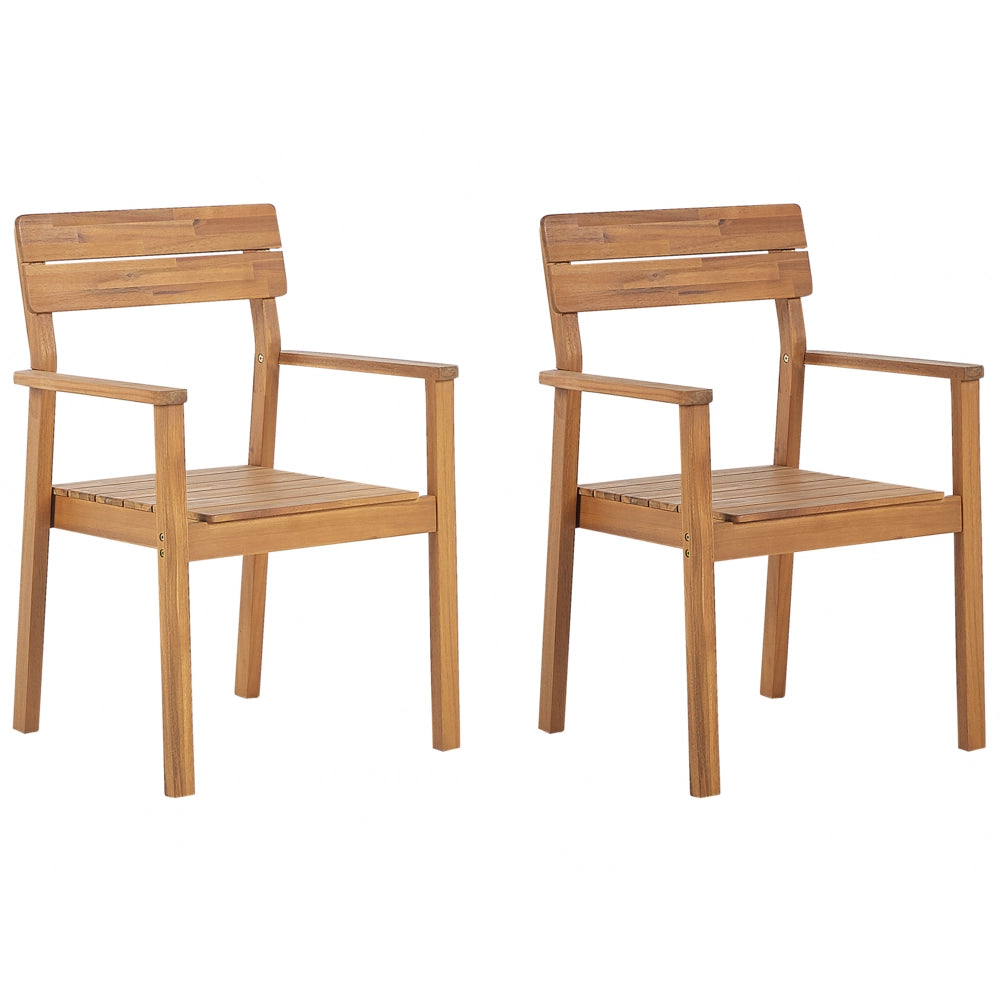 Set di 2 sedie da giardino in legno di acacia chiaro da esterno con braccioli in stile rustico