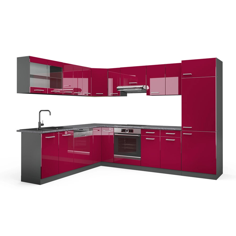 Vicco Cucina angolare completa Rosso lucido/antracite 287 x 46 cm senza piano di lavoro