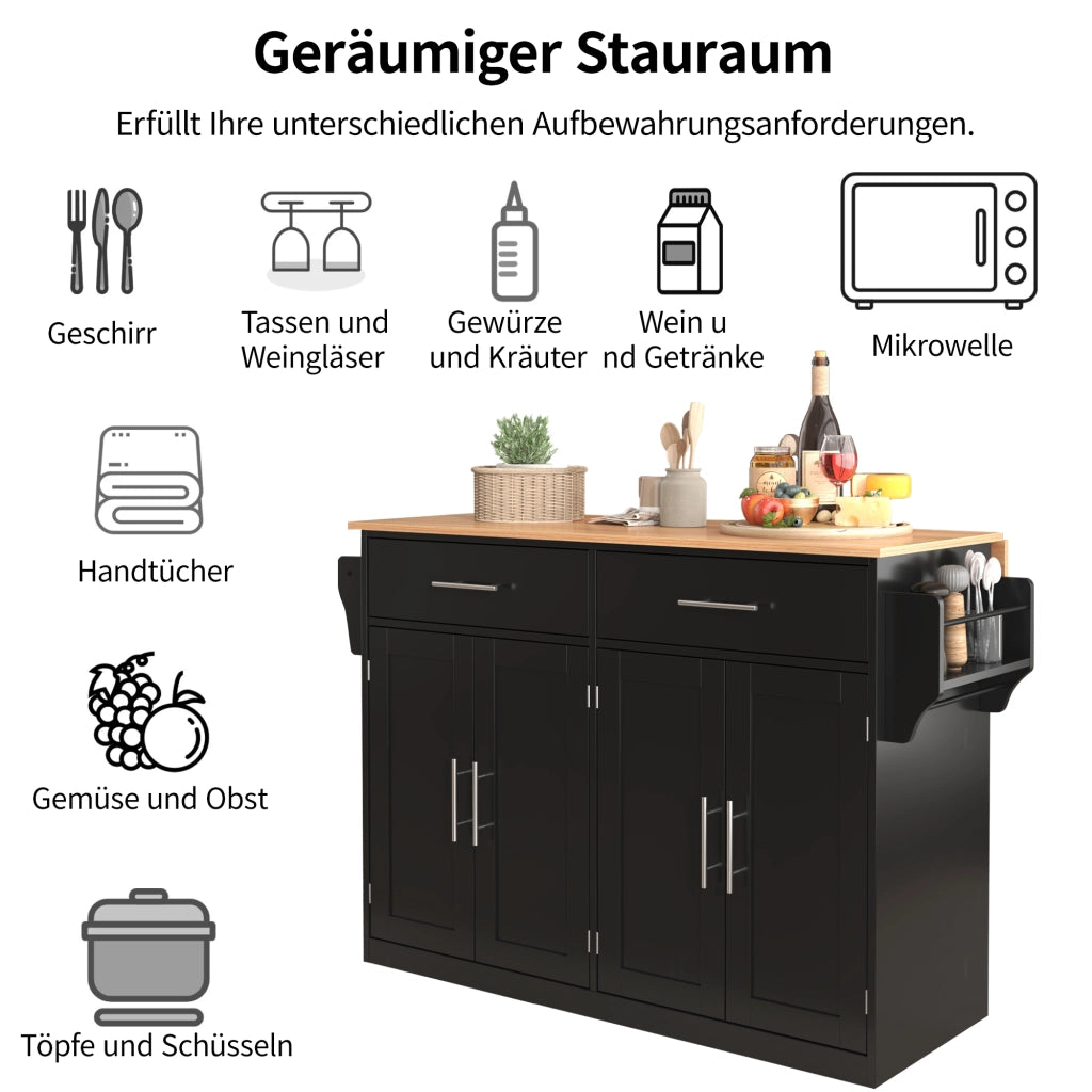 Carrello da Cucina con 2 Cassetti; 4 Ante; Piano Ribaltabile; Ruote e Portasciugamani; Nero 120x46x91;5 cm