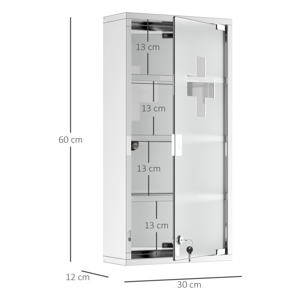 Armadietto da bagno con serratura in acciaio inox e vetro satinato per medicinali, per bagno, argento, 30 × 12 × 60 cm