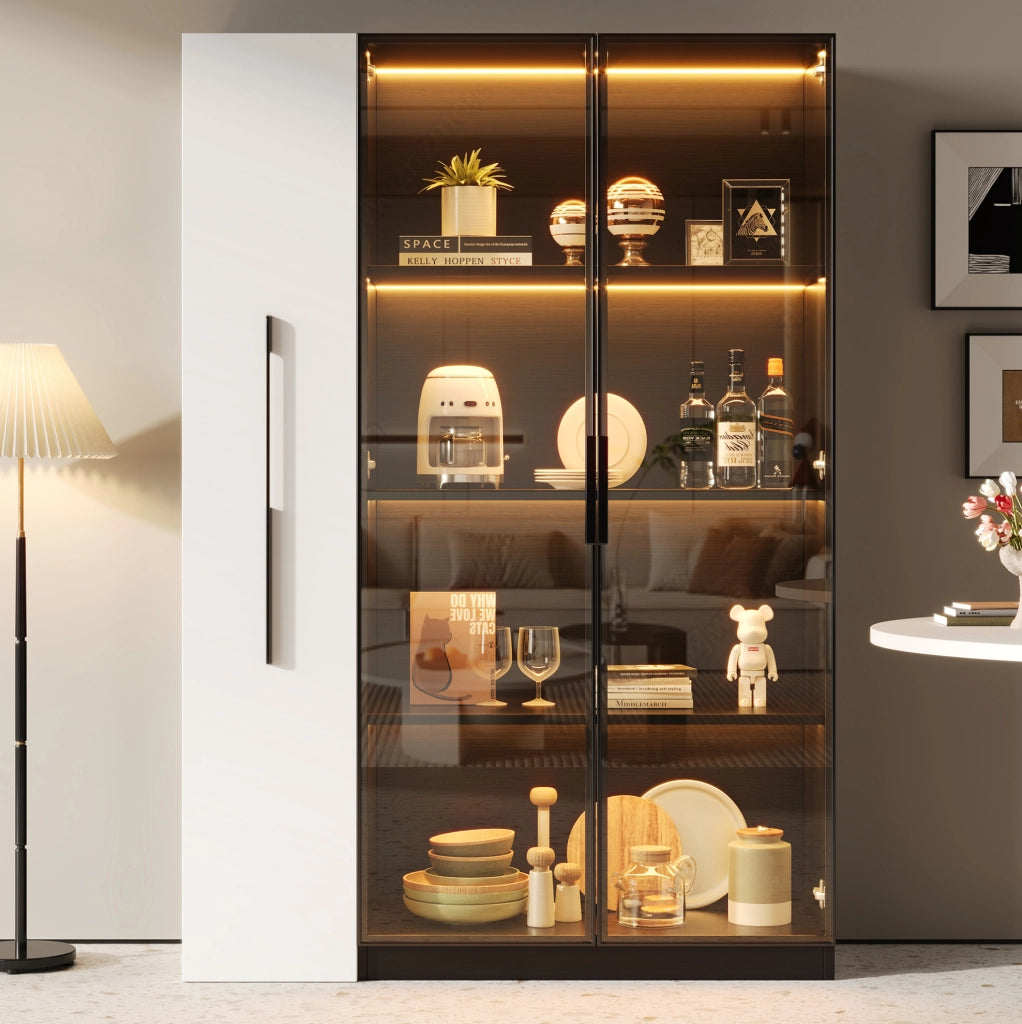 Vetrina moderna con LED e anta in vetro; 110;5 x 35 x 160 cm; MDF e vetro; nero e bianco
