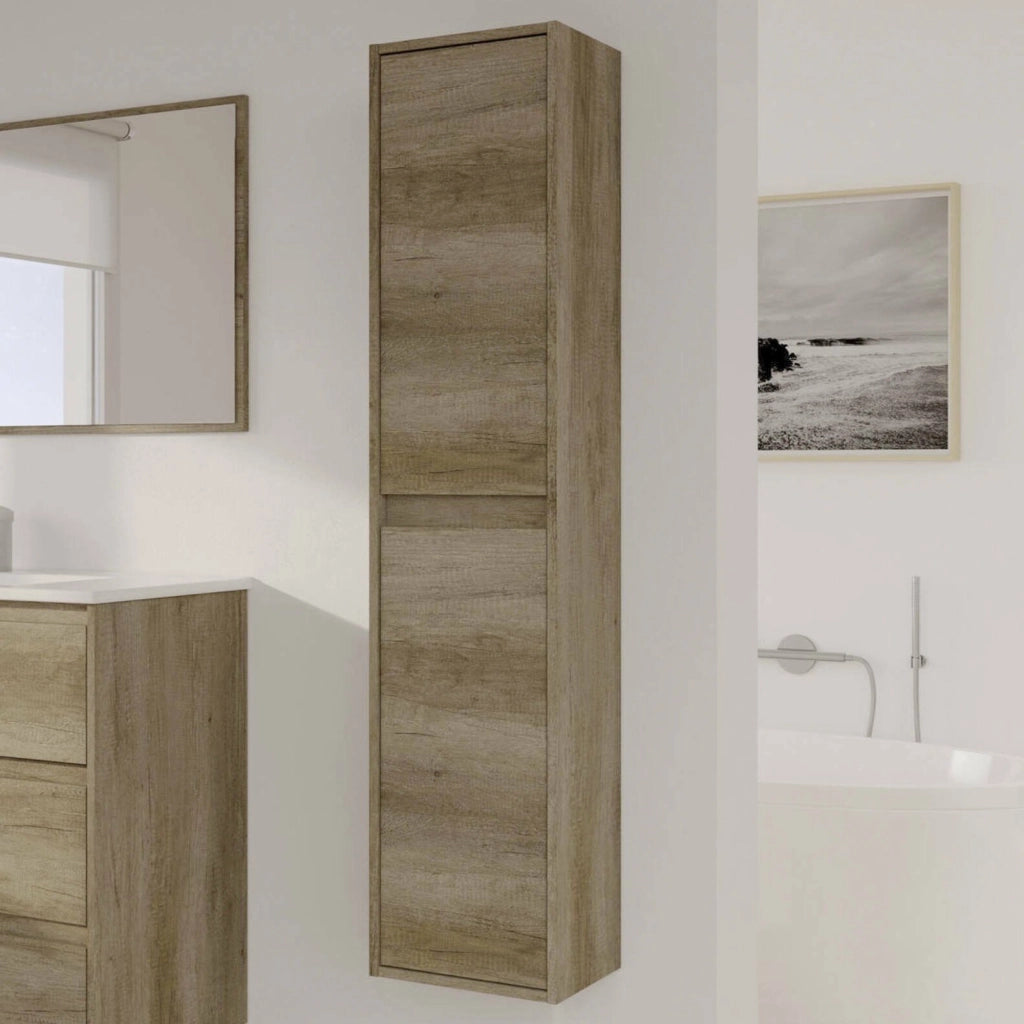 Colonna Bagno Aladin, Mobile a colonna per bagno a 2 ante, Armadio pensile sospeso, Mobiletto multiuso moderno, cm 30x26h140, Quercia