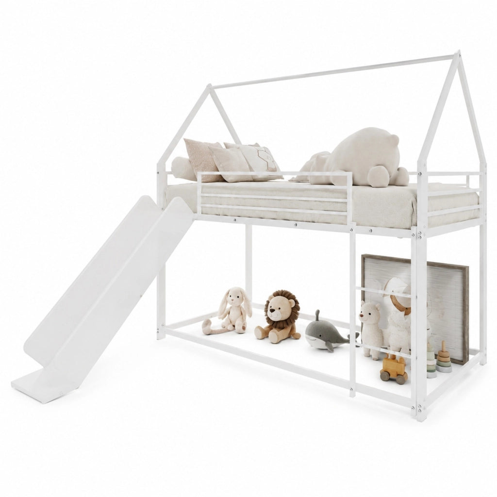 Letto a castello per bambini in metallo bianco con scivolo