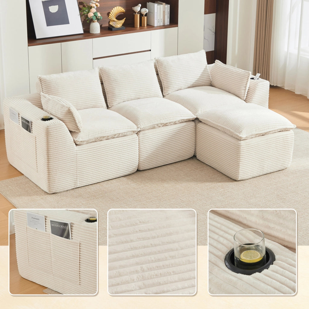 Divano modulare 3 posti in tessuto beige a coste con pouf, cuscini, portabicchieri e tasche laterali
